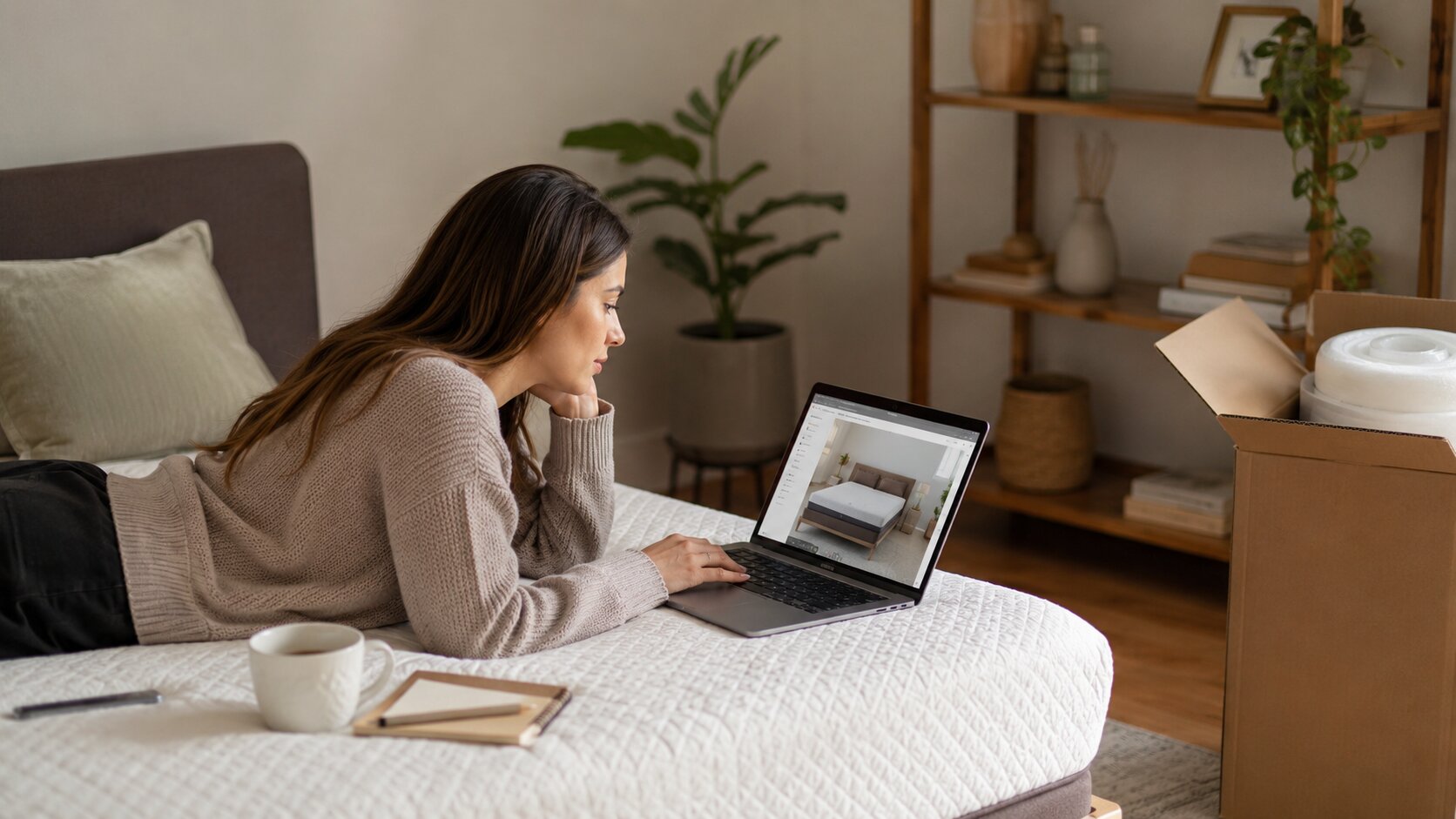 a woman laying down doing buy a bed online safely in the UK